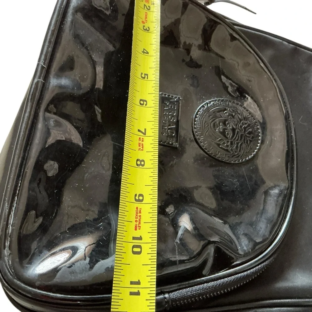 Versace Medusa head black faux patent leather nylon backpack